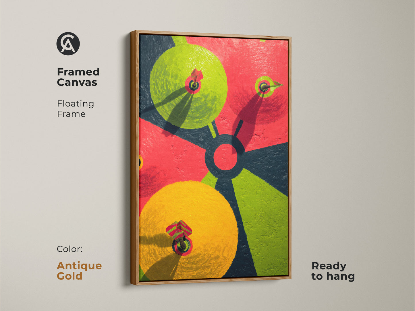 A framed canvas with an abstract dartboard artwork in antique gold is ready to hang. It's modern geometric wall art. This contemporary piece of art adds an elegant touch to any room.