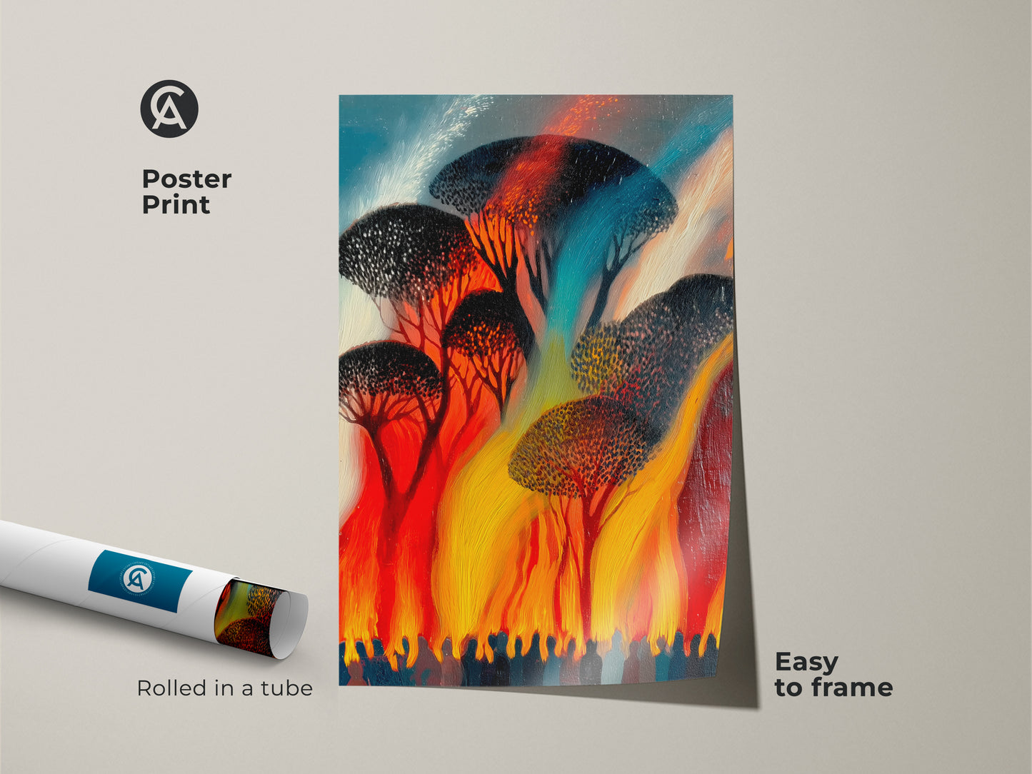 Poster print of red orange yellow abstract trees. Fantasy nature print rolled in a tube easy to frame. Bold brushstrokes artwork adds an eclectic touch to decor.