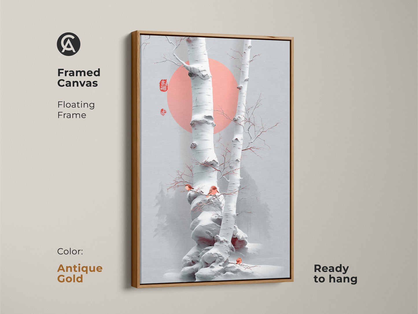Antique gold framed canvas showing minimalist birch tree artwork. Scandinavian winter birds enhance this Japanese ink nature art. The floating frame draws attention to the coral sun wall decor. A serene nature painting ready to hang.