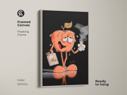 Framed canvas art of a whimsical apple character enjoying a smoking drink. The floating frame is white and the art is ready to hang. The artwork includes a bottle labeled "efile". It is perfect for a light and playful room.
