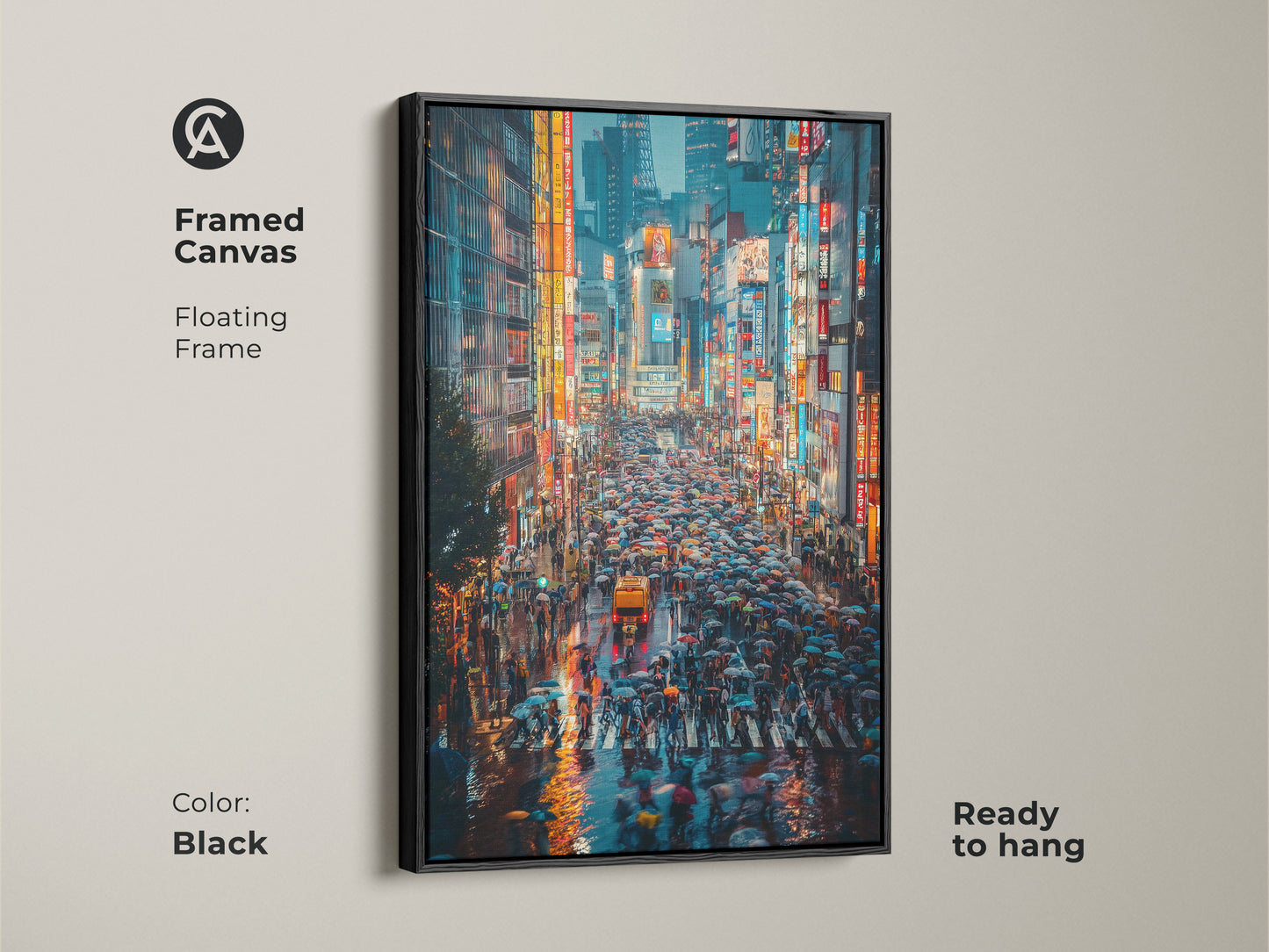 This framed canvas features a black floating frame around a Tokyo cityscape artwork. The urban night photography captures a crosswalk scene with bright neon lights. This contemporary art is ready to hang.