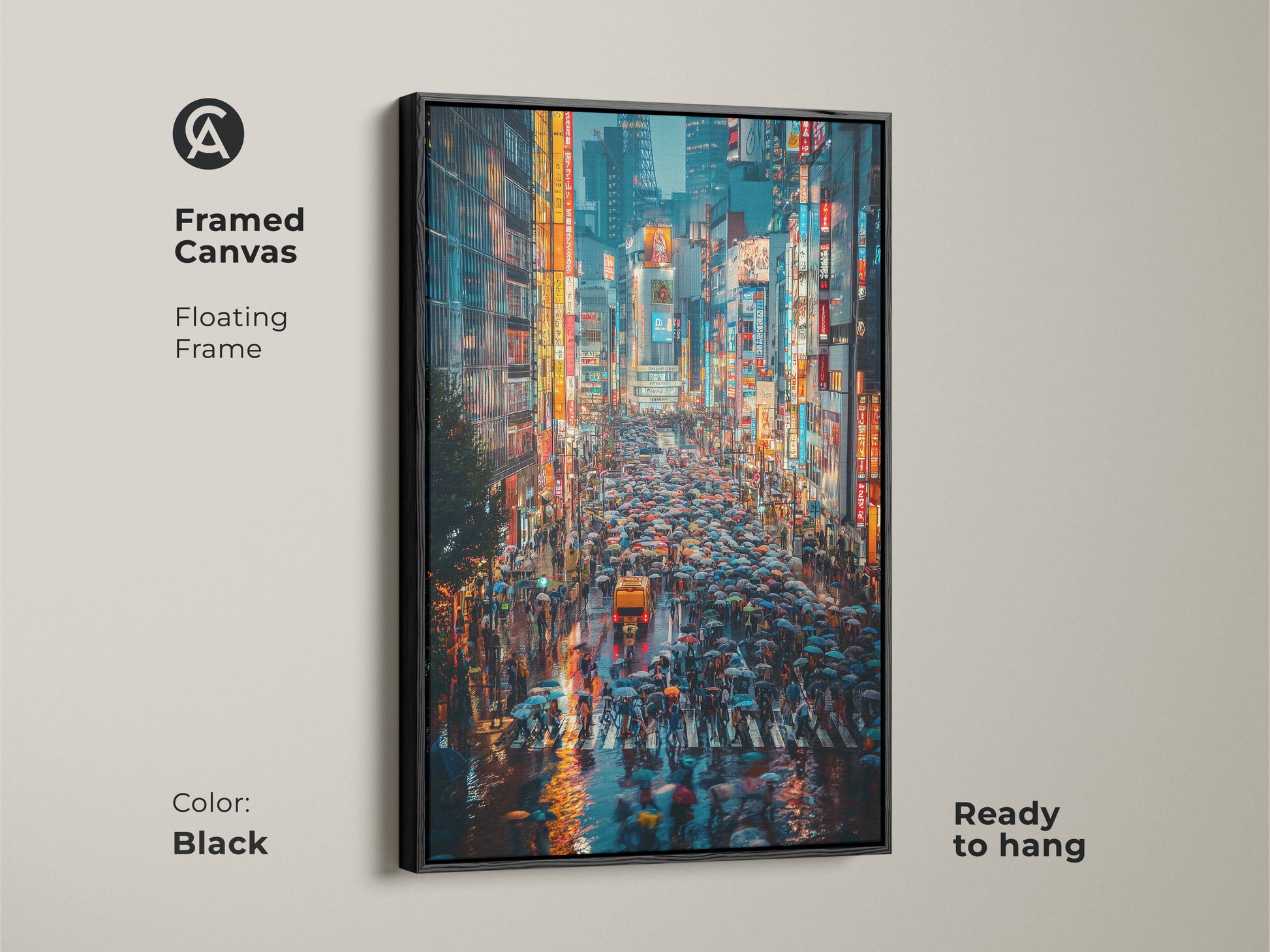 This framed canvas features a black floating frame around a Tokyo cityscape artwork. The urban night photography captures a crosswalk scene with bright neon lights. This contemporary art is ready to hang.