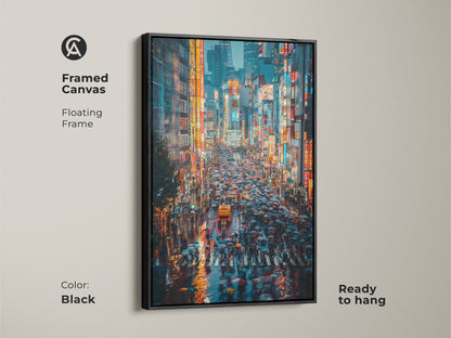 This framed canvas features a black floating frame around a Tokyo cityscape artwork. The urban night photography captures a crosswalk scene with bright neon lights. This contemporary art is ready to hang.