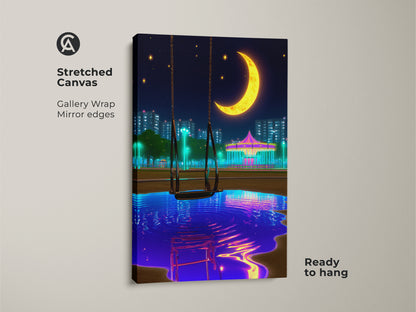 Stretched canvas art showcasing a surreal nightscape with a carousel and moon. Ready to hang this vaporwave art is great eclectic bedroom decor. The urban scene features blue yellow and purple hues ideal as a unique anime fan gift. This modern artwork adds dreaminess to any space.