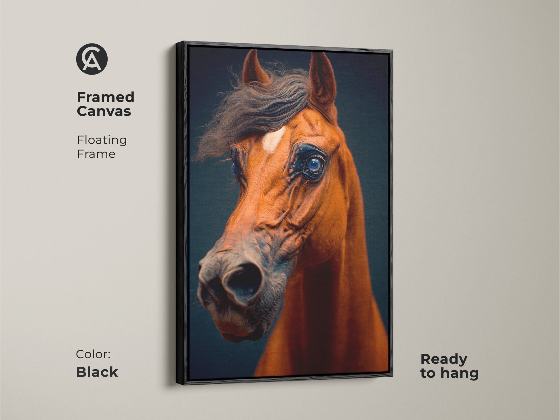 Framed in black this canvas shows realistic horse art. This equine portrait will enhance your walls. The horse art has a floating frame. This horse head canvas will make a great gift for animal lovers. It is ready to hang and easy to display.