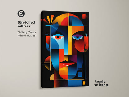 Stretched canvas displaying abstract face art. This gallery-wrapped artwork features a colorful geometric design. The canvas has mirrored edges. It's ready to hang and adds a modern touch to any room.