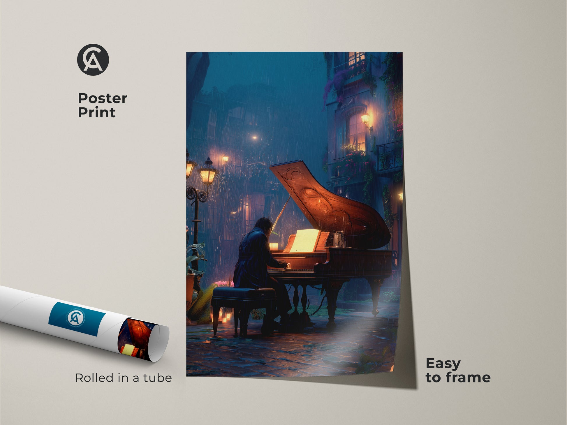 Discover the moody piano street scene as a poster print. This art piece shows a pianist playing in the rain. The deep blue and orange hues evoke a cinematic feel. It's an easy-to-frame print for music lovers. Add visual music art to your creative space.