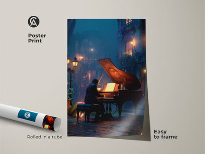 Discover the moody piano street scene as a poster print. This art piece shows a pianist playing in the rain. The deep blue and orange hues evoke a cinematic feel. It's an easy-to-frame print for music lovers. Add visual music art to your creative space.