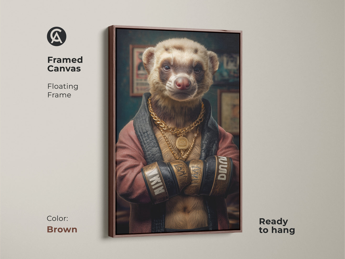 Framed canvas of a ferret boxer in a floating brown frame. This dapper animal portrait adds charm. It is ready to hang and brings surreal boxer art. The framed animal print is an eclectic home decor choice. A cool animal poster for vintage style.