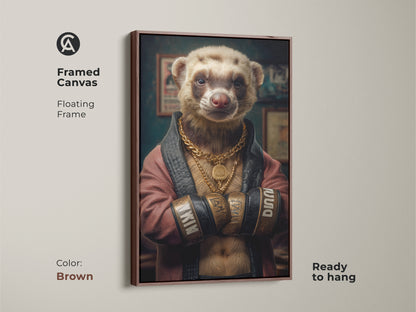 Framed canvas of a ferret boxer in a floating brown frame. This dapper animal portrait adds charm. It is ready to hang and brings surreal boxer art. The framed animal print is an eclectic home decor choice. A cool animal poster for vintage style.