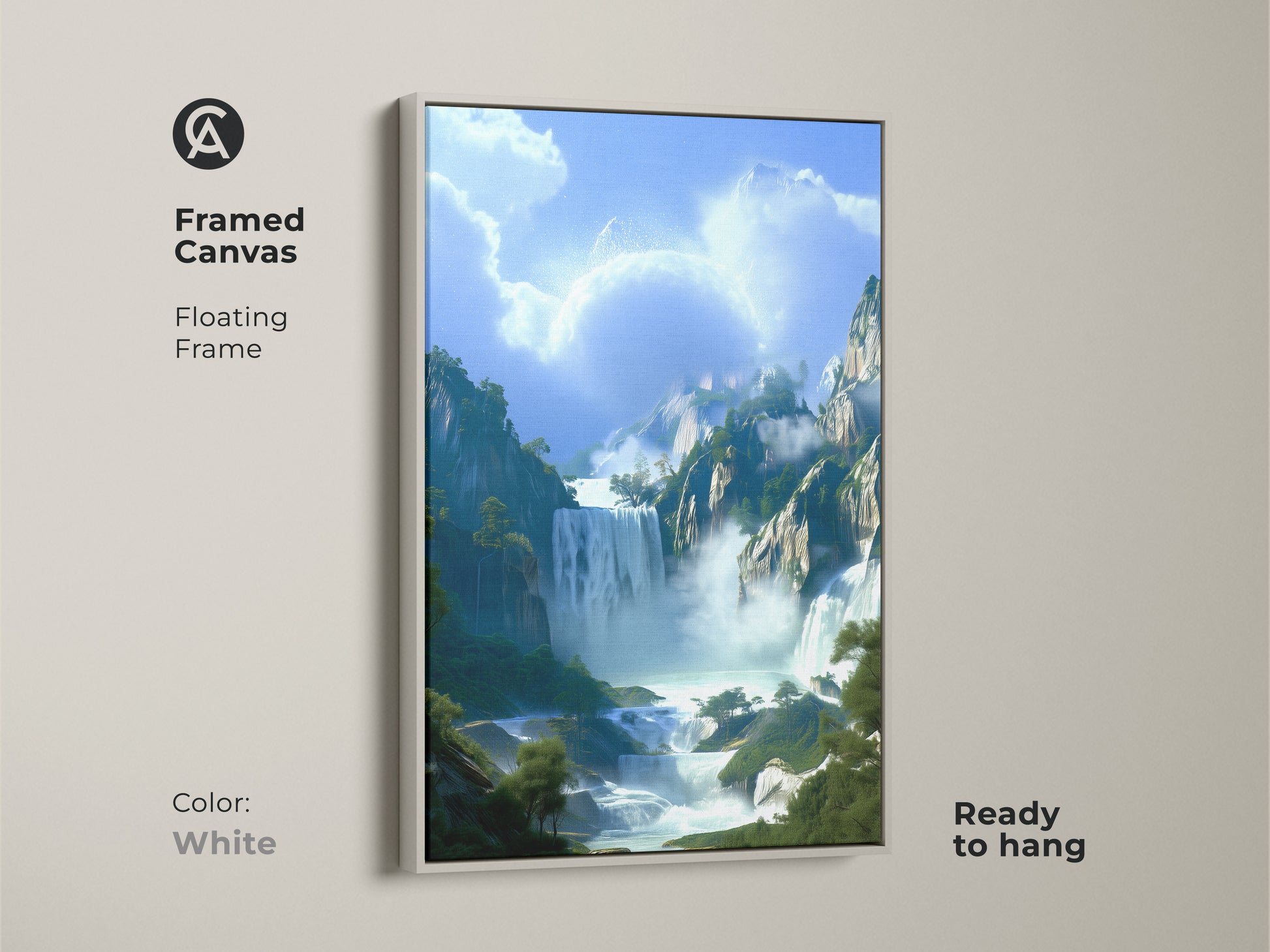 Brighten your home with this framed canvas art print boasting a white floating frame. The digital painting portrays a serene waterfall and mountain forest landscape. This blue green nature scene creates a calming atmosphere for any room it graces.