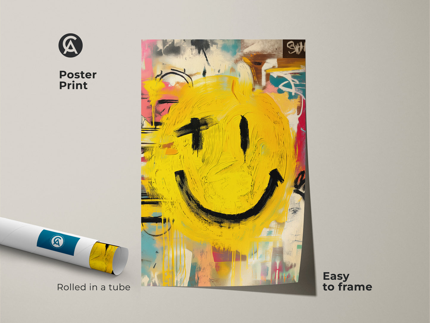 Looking for an easy way to add art to your space? This smiley face poster print is the perfect choice. Rolled in a tube for easy framing. This museum-quality print captures the essence of modern art. The bright yellow smiley face brings a cheerful vibe. A simple and affordable way to elevate your home decor.