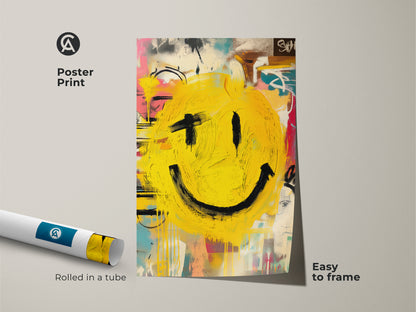 Looking for an easy way to add art to your space? This smiley face poster print is the perfect choice. Rolled in a tube for easy framing. This museum-quality print captures the essence of modern art. The bright yellow smiley face brings a cheerful vibe. A simple and affordable way to elevate your home decor.