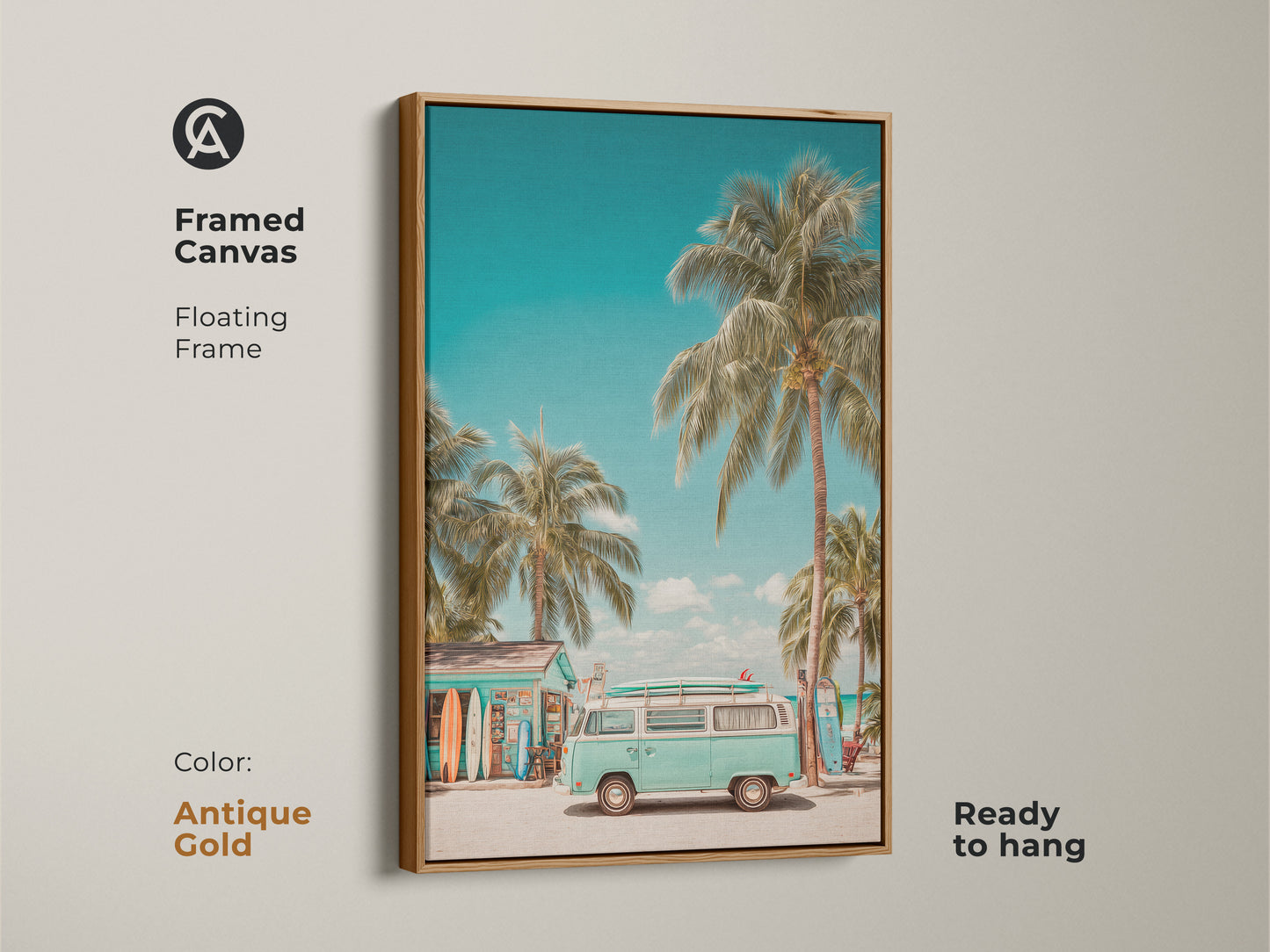 Framed canvas art showcasing a vintage VW bus at a beachside surf shop. The antique gold floating frame accentuates the tropical palm trees and surfboards. Ready to hang this artwork adds a touch of summer nostalgia to your decor.