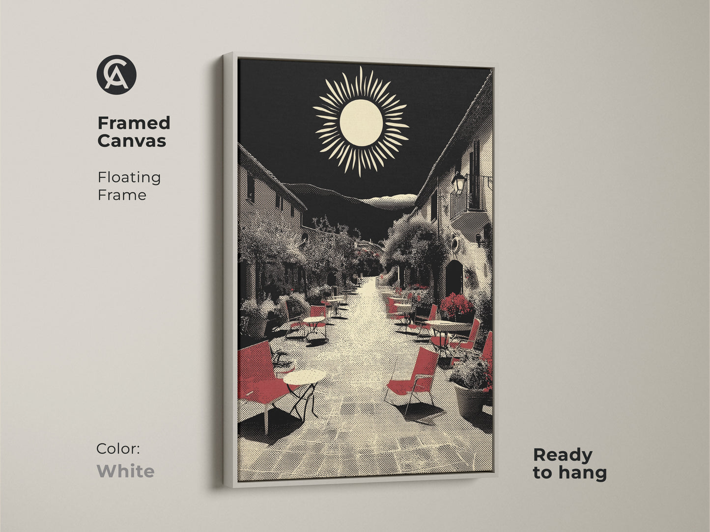This framed canvas showcases Mediterranean village street artwork in a white floating frame. A ready-to-hang housewarming art gift featuring red seating in a retro sun landscape. Black and beige wall decor highlights this European cafe scene. Ideal for travel enthusiasts seeking wanderlust wall decor and vintage travel art.