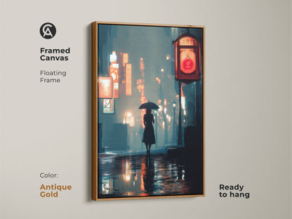 Antique gold framed canvas print of a neon lit cityscape. Features a woman with an umbrella on a wet street. The artistic cityscape poster is ready to hang. Adds a touch of urban sophistication to any space.