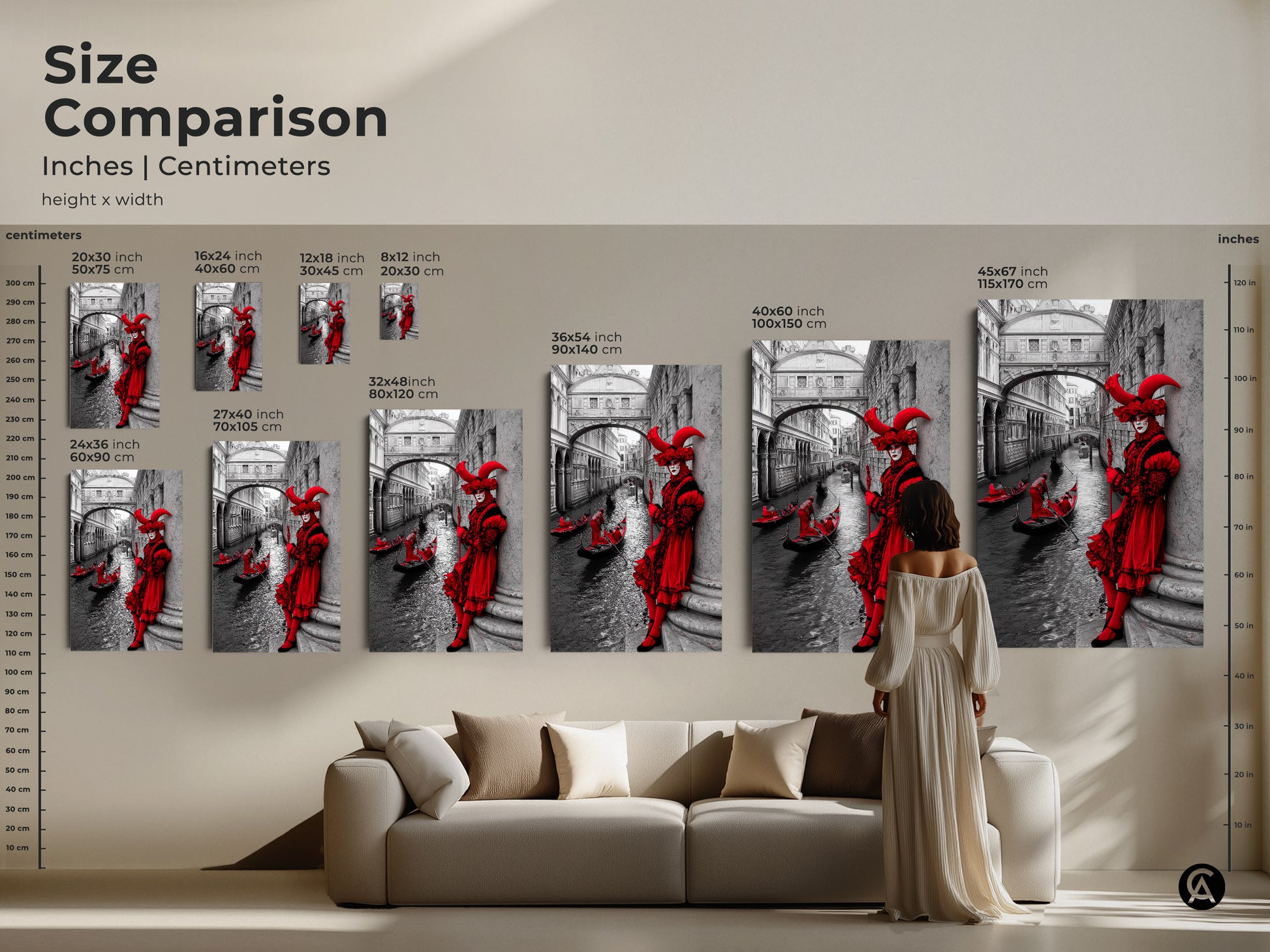 View the size comparison of the Venice Carnival art print. See the artwork in inches and centimeters. The crimson red masked figure and gondola artwork is displayed in multiple sizes. Use as a guide to see how the artwork will look above a couch for eclectic home decor.