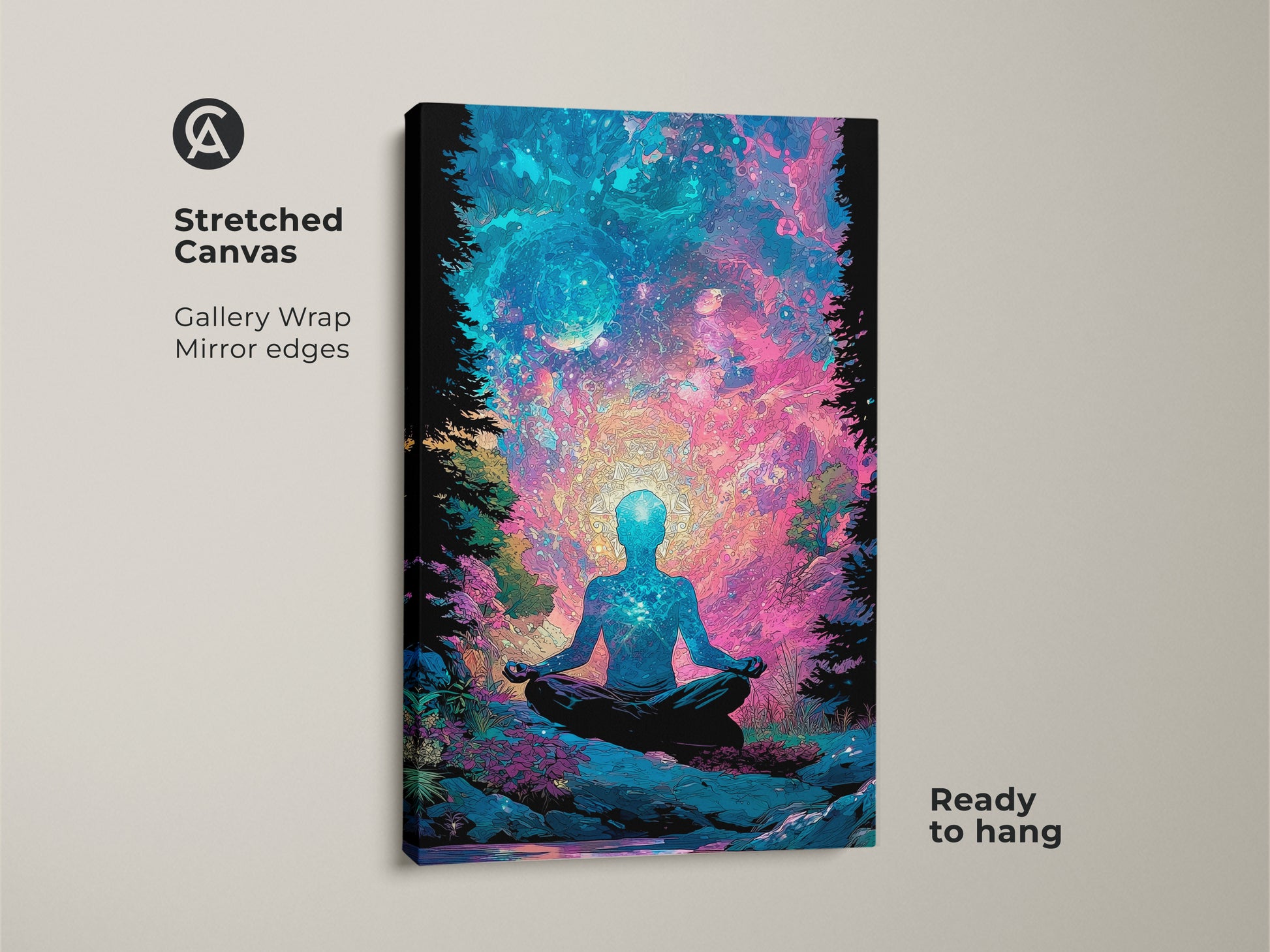 Stretched canvas print featuring a meditative silhouette. The artwork blends cosmic elements with serene posture. Ready to hang with gallery wrapped edges. This canvas art brings a peaceful vibe. Ideal for those seeking spiritual wall decor. Transform your living space with this calming artwork.