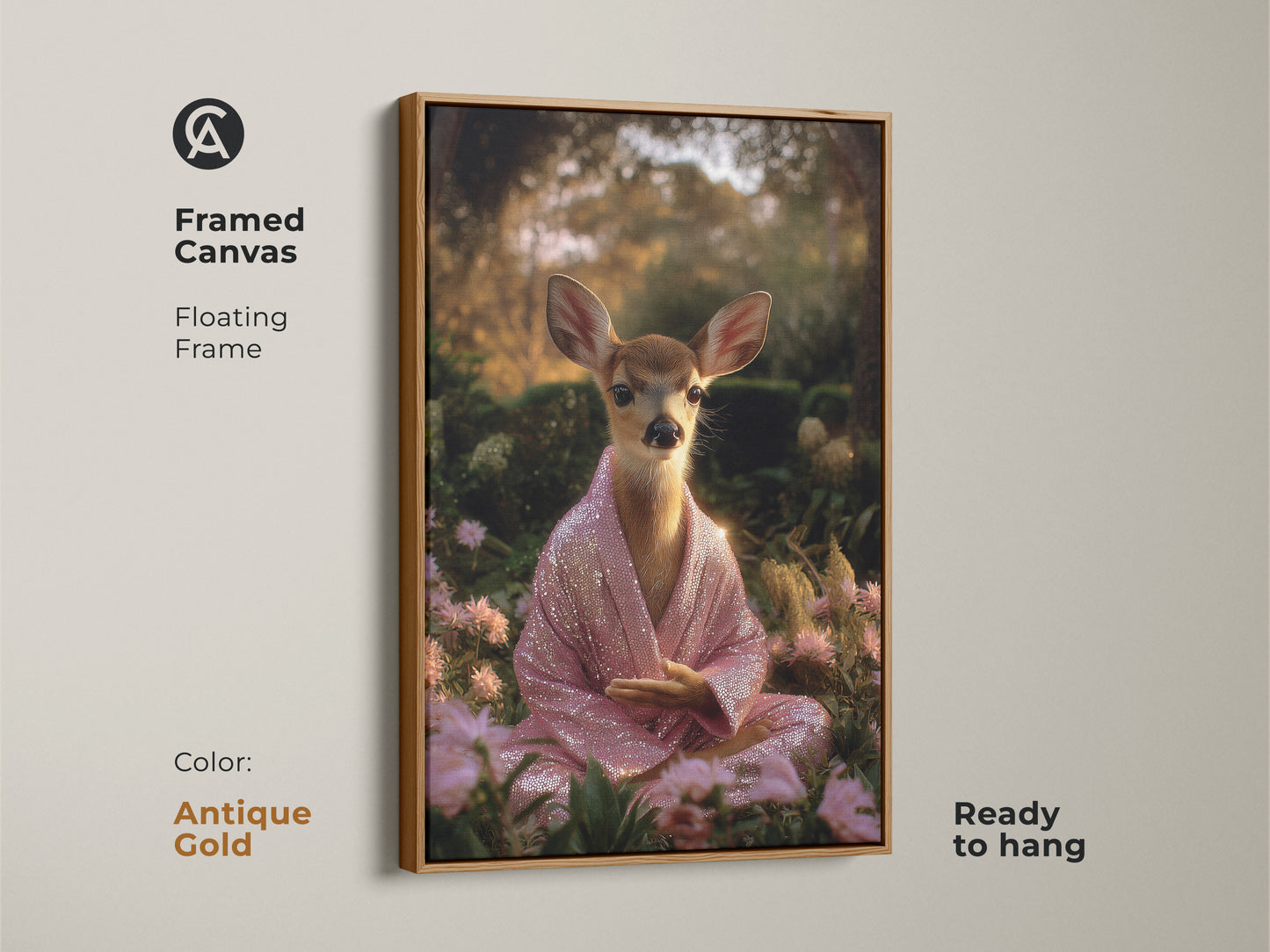 Antique gold framed canvas artwork of a meditating deer. The fawn wears a pink sequin robe. The spiritual animal wall decor is ready to hang. This boho art creates a serene atmosphere. It's a unique meditation gift.