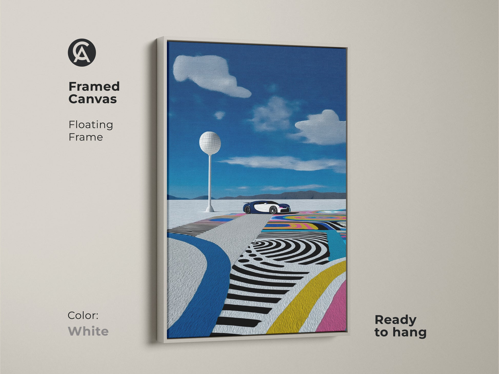 Framed canvas with a floating white frame featuring a futuristic car in a surreal desert landscape. Electric blue and teal tones create a modern automotive artwork. Ready to hang for a contemporary touch. Perfect for a den or modern office decor.