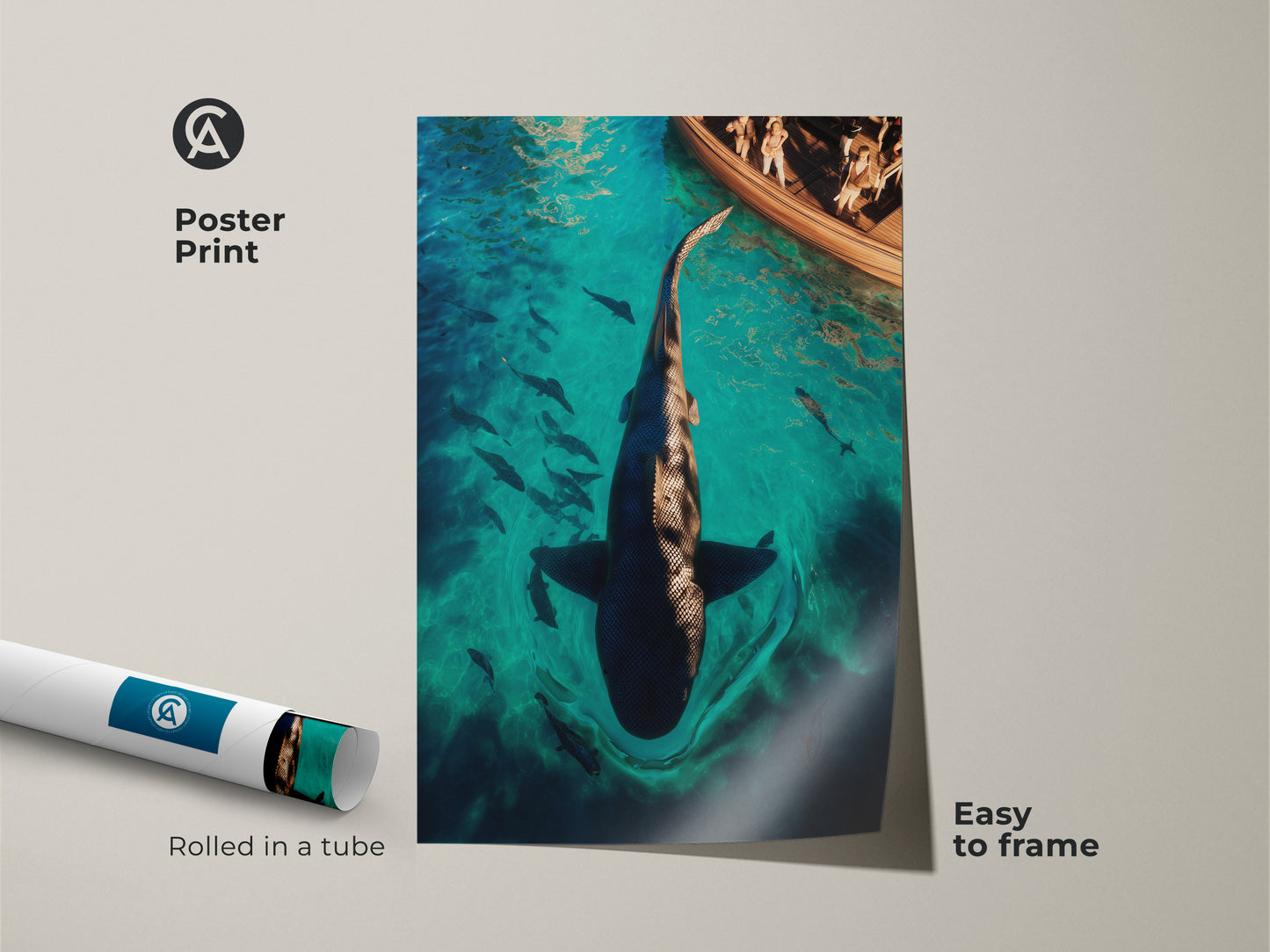 Poster Print of a Deep Blue Underwater Scene. The artwork features a boat and a large shark in turquoise water. Easy to frame marine life artwork. An ideal gift for nautical home decor. Rolled in a tube for safe delivery and easy setup.