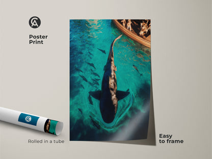Poster Print of a Deep Blue Underwater Scene. The artwork features a boat and a large shark in turquoise water. Easy to frame marine life artwork. An ideal gift for nautical home decor. Rolled in a tube for safe delivery and easy setup.