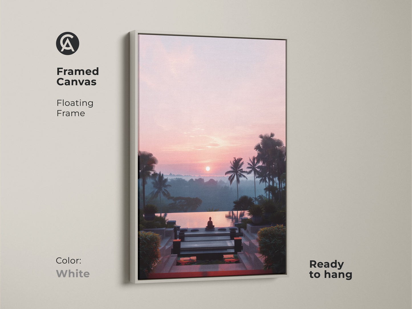 Framed canvas print of a Zen Buddha statue by an infinity pool. This tropical artwork has a white floating frame and is ready to hang. The pink and orange sunset landscape brings a boho vibe to your decor. Ideal for yoga and meditation areas. A tranquil piece.