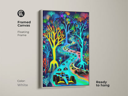 Discover this framed abstract neon Formula 1 artwork on canvas. This artwork features a vaporwave race car design with psychedelic elements. It is ready to hang with a white floating frame. This canvas print enhances any space with an energetic vibe. It's a superb gift for F1 fans.