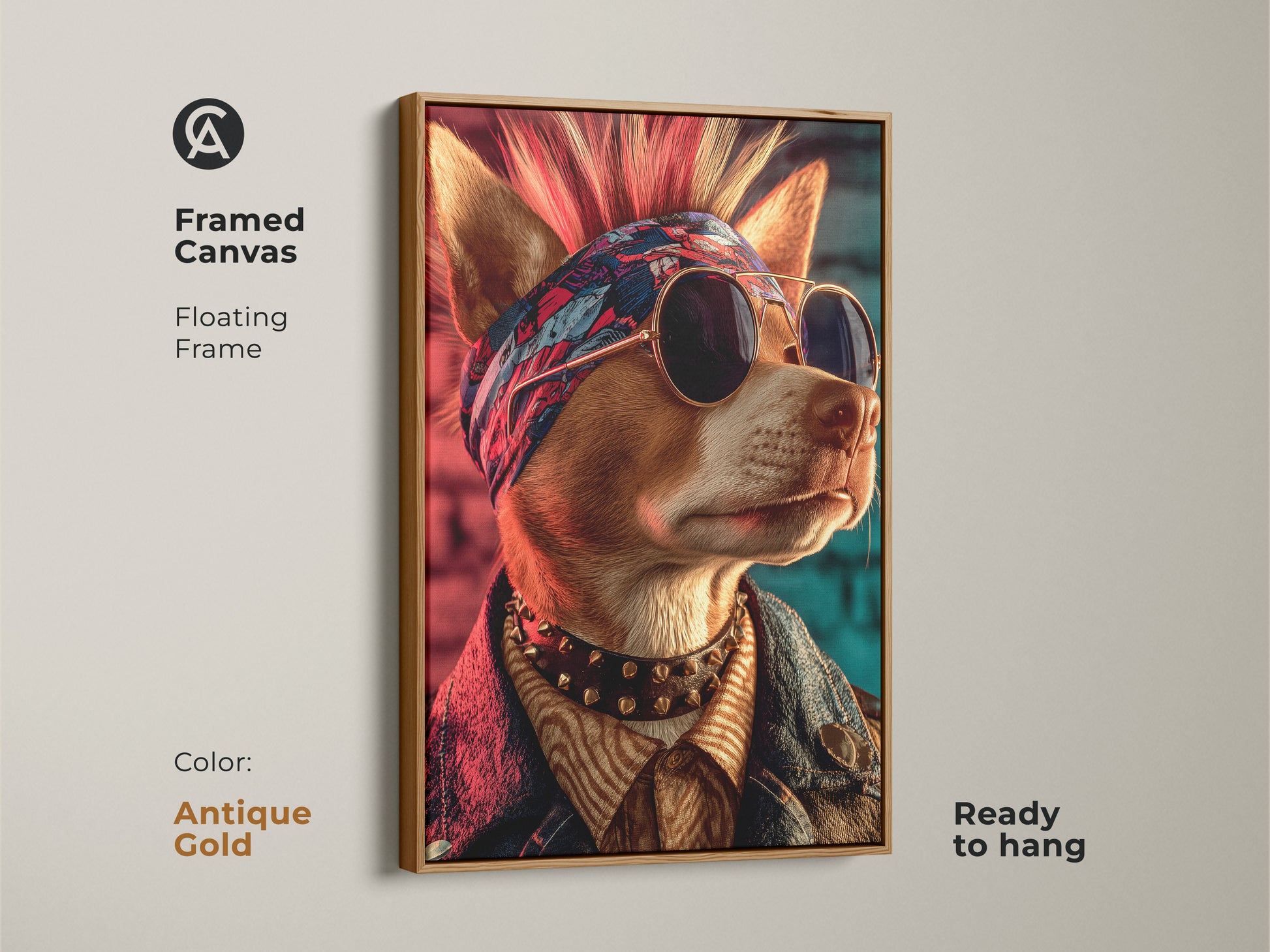 Antique gold framed canvas of a punk rock mohawk dog. Ready to hang with a floating frame. A unique and alternative style home decor art. This dog art makes a great canine fashion statement. Ideal for a man cave or bar area wall art. This dog has a bandana and sunglasses. A cool dog lover gift.