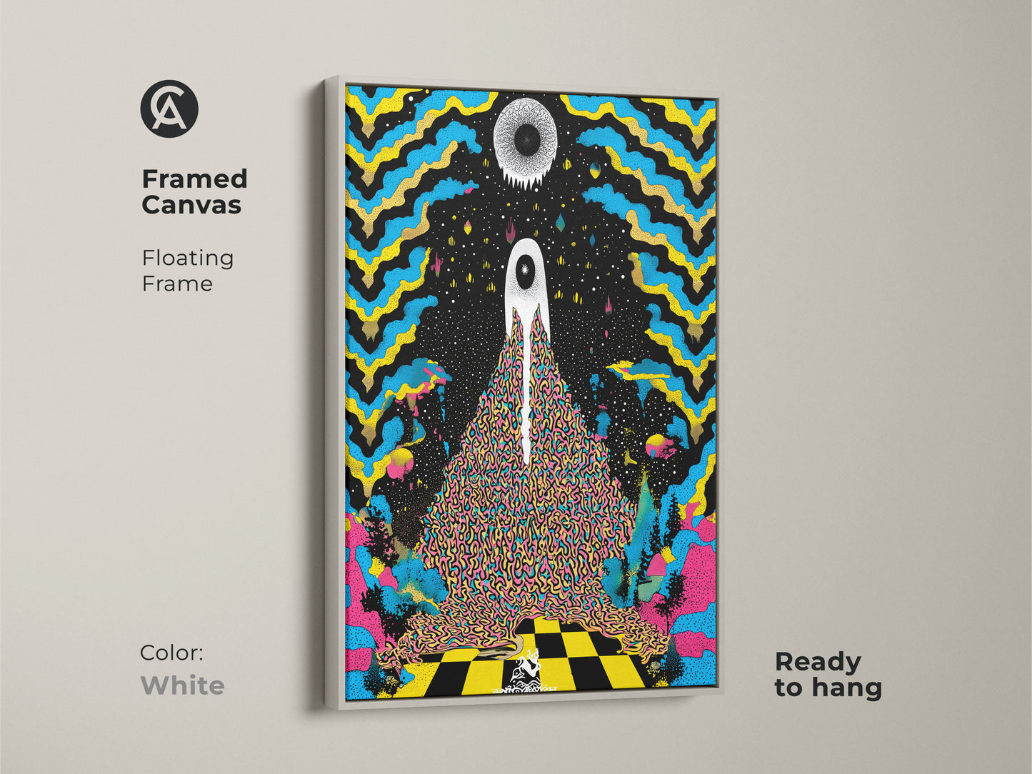 White framed canvas displays psychedelic eye wall art. This surreal abstract canvas print is ready to hang. The trippy blue and yellow artwork is eclectic black home decor. This modern surreal art is a graphic poster.