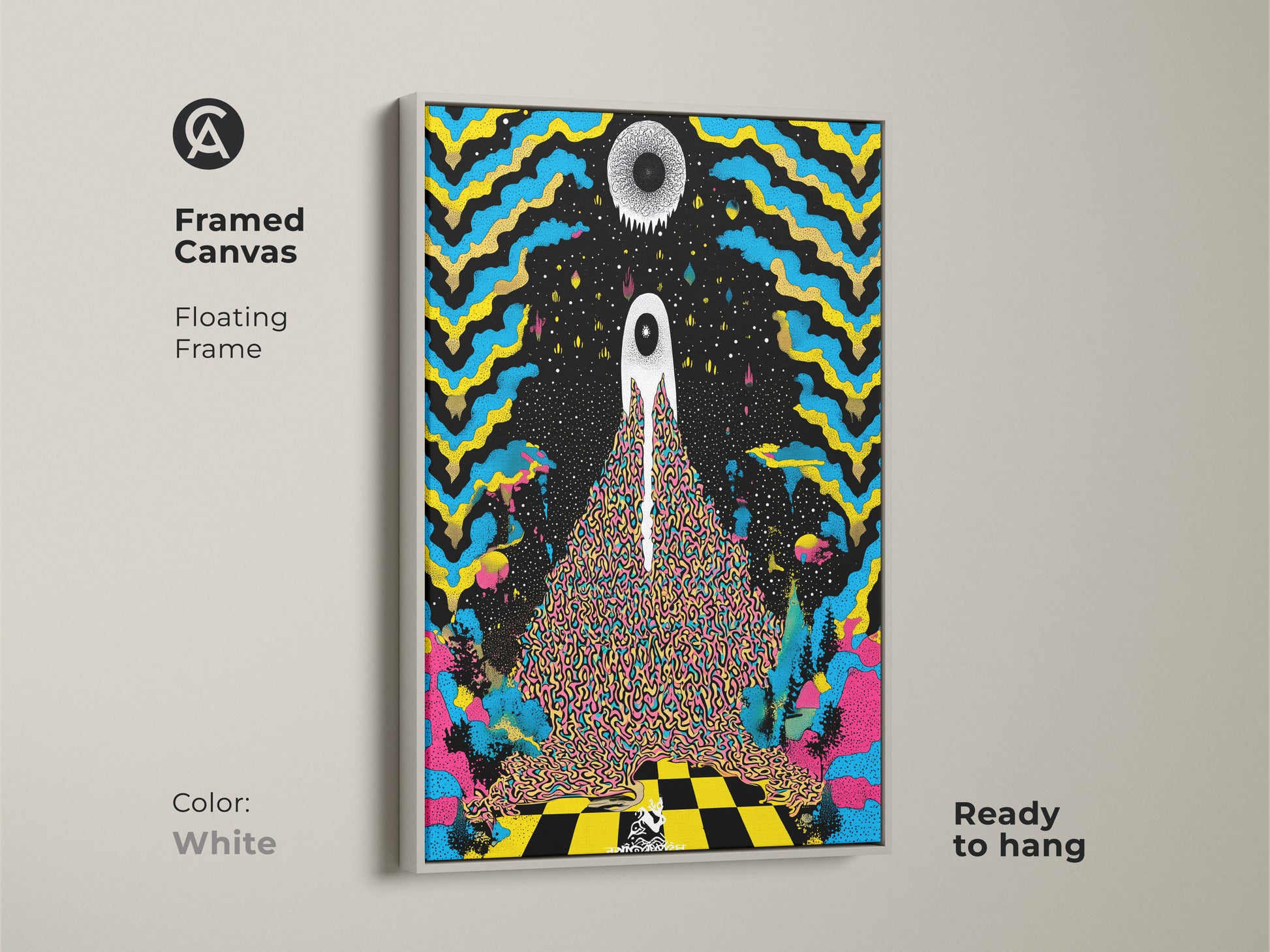 White framed canvas displays psychedelic eye wall art. This surreal abstract canvas print is ready to hang. The trippy blue and yellow artwork is eclectic black home decor. This modern surreal art is a graphic poster.