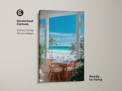 Stretched canvas art with a gallery wrap. The artwork shows a beach scene through a window. The piece uses mirror edges. Ready to hang this art brings a relaxing view. Perfect for adding a touch of the tropics to your home.