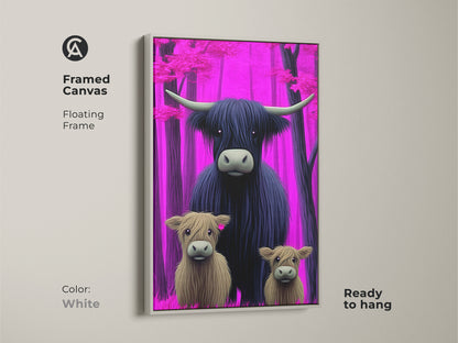 Framed canvas art featuring a Highland Cow family in a pink purple forest with a white floating frame. This fantasy animal art is ready to hang. A great eclectic home decor gift for those who love cows and unique artwork.