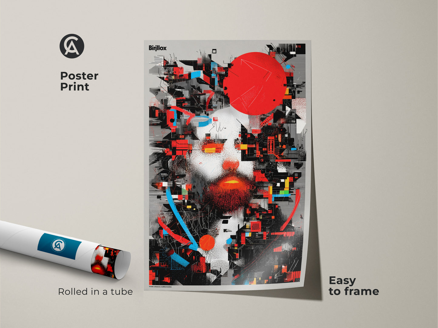 Poster print of an abstract man portrait. Rolled in a tube and easy to frame. This glitch art wall decor has a deconstructivist style. Geometric man face artwork with red blue and black colors. Ideal for modern office wall decor.