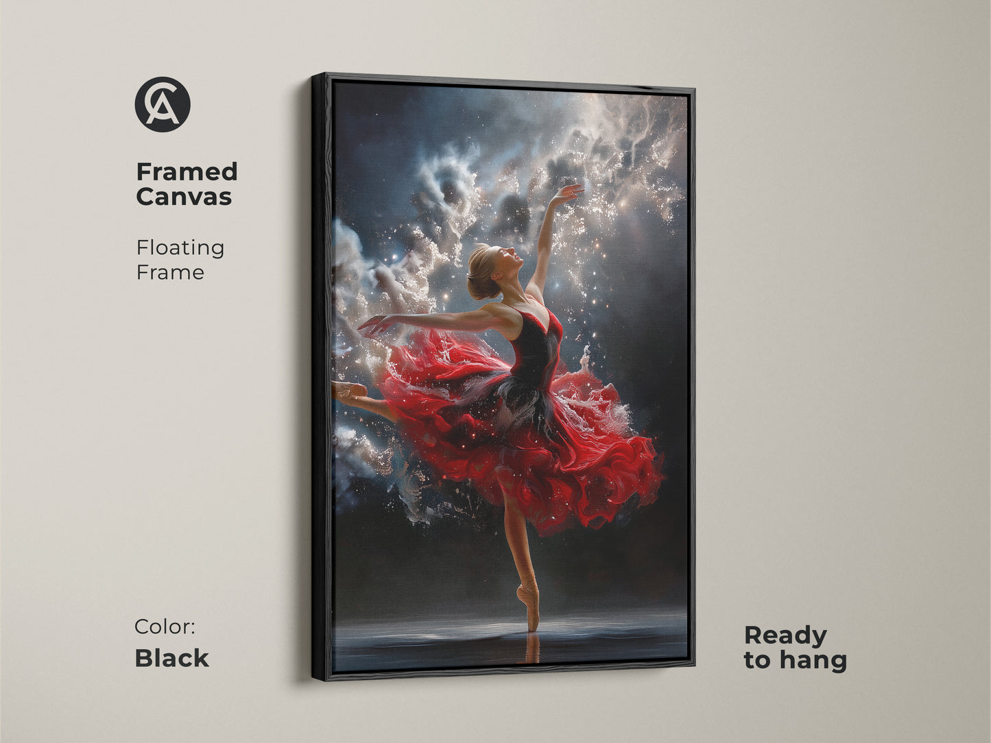 Framed canvas art featuring a ballerina. It has a floating frame in black. The artwork is ready to hang. The ballerina in a red dress dances against a night sky background.