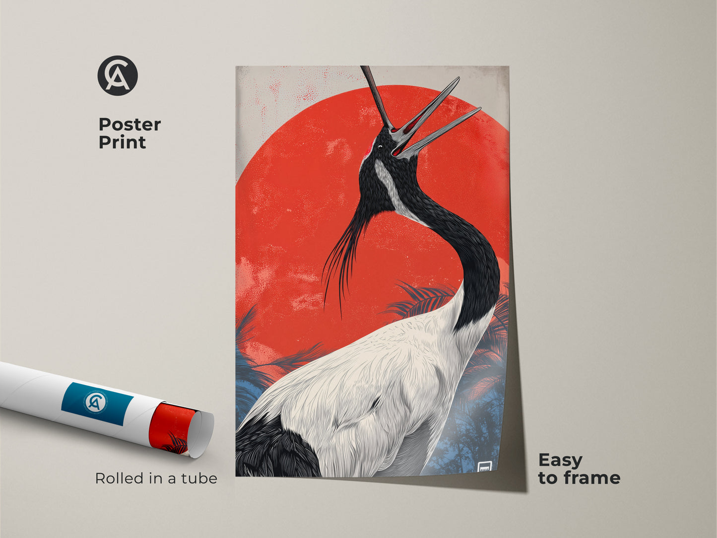 A poster print showcasing Japanese crane art. Rolled in a tube and easy to frame. This Asian wildlife artwork boasts a red sun bird print. Add an eclectic touch to your office. Perfect as a bird lover gift this piece captures the beauty of nature.