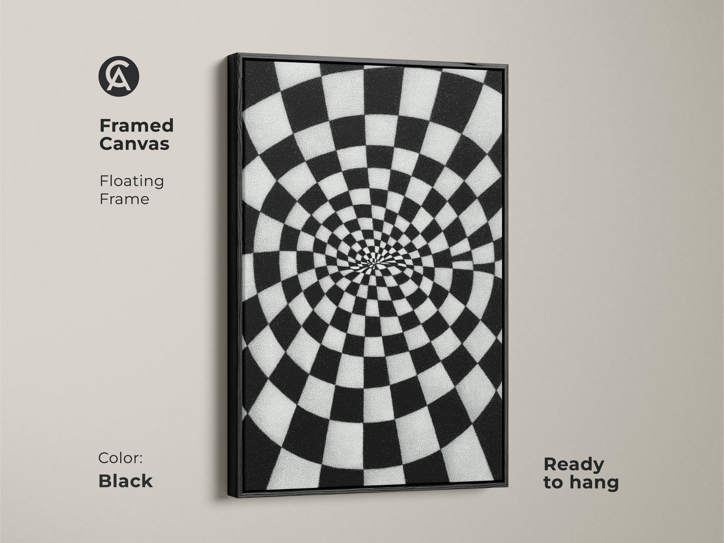 Framed Canvas Abstract Spiral Checkerboard artwork. A black floating frame surrounds the black and white Op Art Print. Geometric wall decor for a hallway or office. This contemporary art is ready to hang.