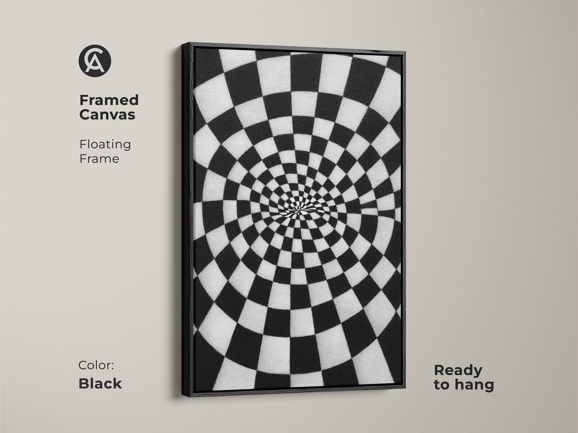 Framed Canvas Abstract Spiral Checkerboard artwork. A black floating frame surrounds the black and white Op Art Print. Geometric wall decor for a hallway or office. This contemporary art is ready to hang.