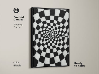 Framed Canvas Abstract Spiral Checkerboard artwork. A black floating frame surrounds the black and white Op Art Print. Geometric wall decor for a hallway or office. This contemporary art is ready to hang.