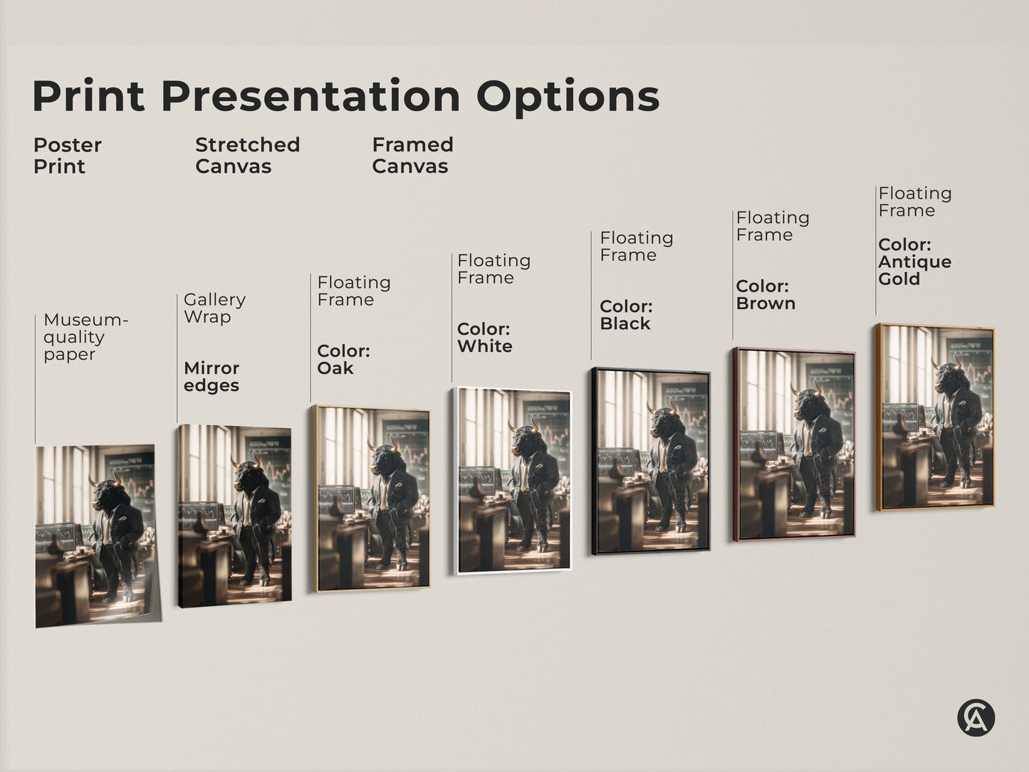 Explore print presentation options for the Wall Street bull artwork. Choose from poster prints stretched canvas or framed canvas. Options include gallery wrap mirror edges and floating frames. Find the perfect style to match your decor with this unique artwork.