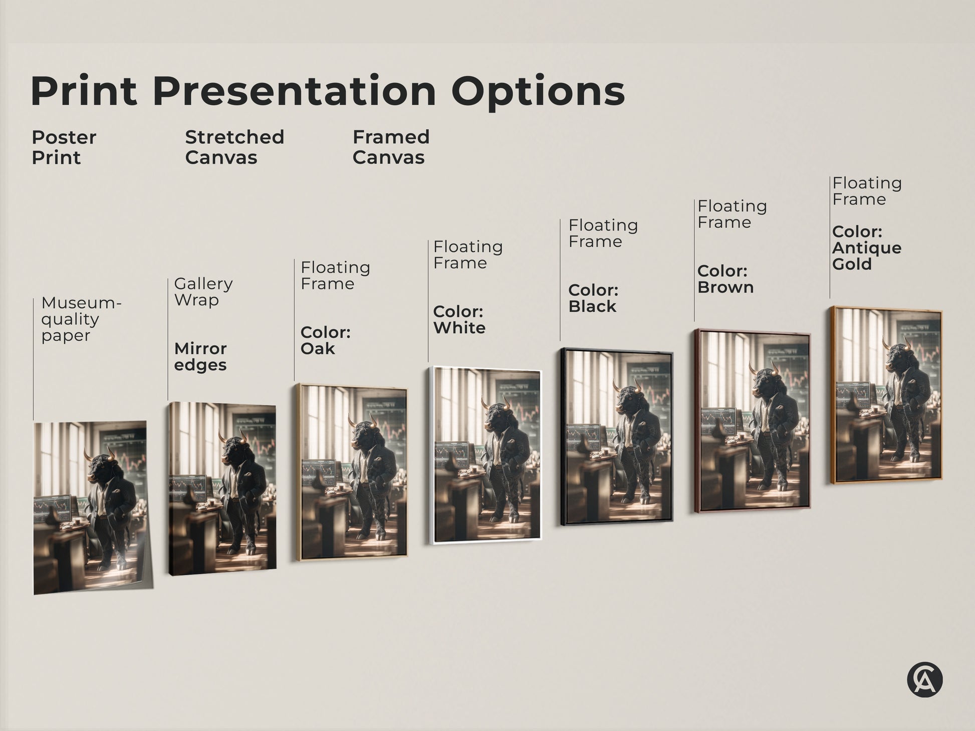 Explore print presentation options for the Wall Street bull artwork. Choose from poster prints stretched canvas or framed canvas. Options include gallery wrap mirror edges and floating frames. Find the perfect style to match your decor with this unique artwork.
