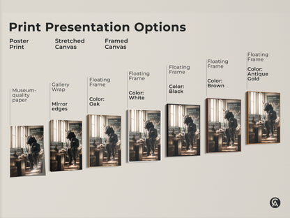 Explore print presentation options for the Wall Street bull artwork. Choose from poster prints stretched canvas or framed canvas. Options include gallery wrap mirror edges and floating frames. Find the perfect style to match your decor with this unique artwork.