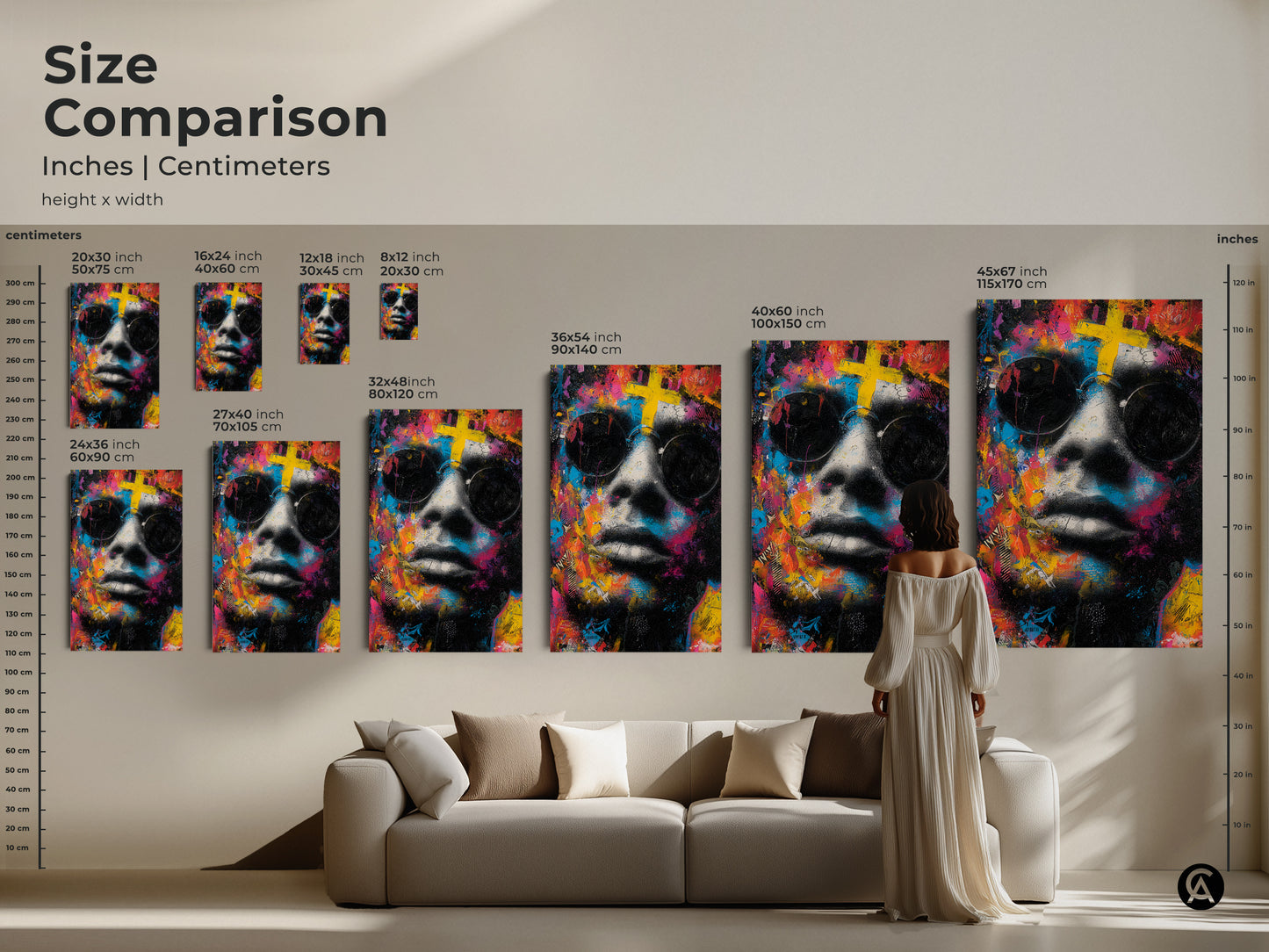 Size comparison of artwork in inches and centimeters. Visualize how different sizes look above a sofa. Choose the ideal dimensions for your space. This art is sure to make a statement in any room. Buy Now!
