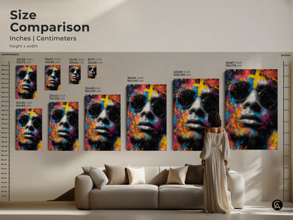 Size comparison of artwork in inches and centimeters. Visualize how different sizes look above a sofa. Choose the ideal dimensions for your space. This art is sure to make a statement in any room. Buy Now!
