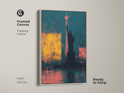 Framed abstract Statue of Liberty canvas artwork with a white floating frame. Teal and yellow New York Cityscape provides a contemporary look. Ideal as modern office or home decor.