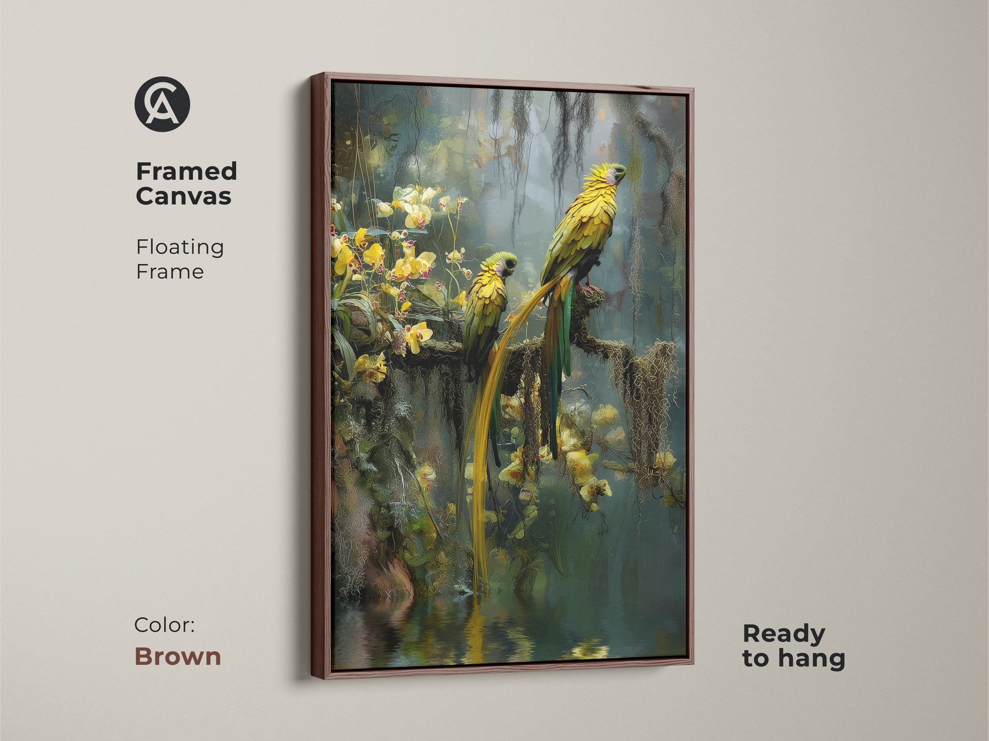 Framed in brown this canvas print shows two yellow parrots in a rainforest with yellow orchids. The floating frame enhances the photorealistic animal artwork. This is ready to hang and brings the beauty of tropical nature to your space. Perfect boho jungle decor for nature and bird enthusiasts.
