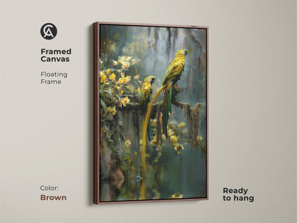 Framed in brown this canvas print shows two yellow parrots in a rainforest with yellow orchids. The floating frame enhances the photorealistic animal artwork. This is ready to hang and brings the beauty of tropical nature to your space. Perfect boho jungle decor for nature and bird enthusiasts.