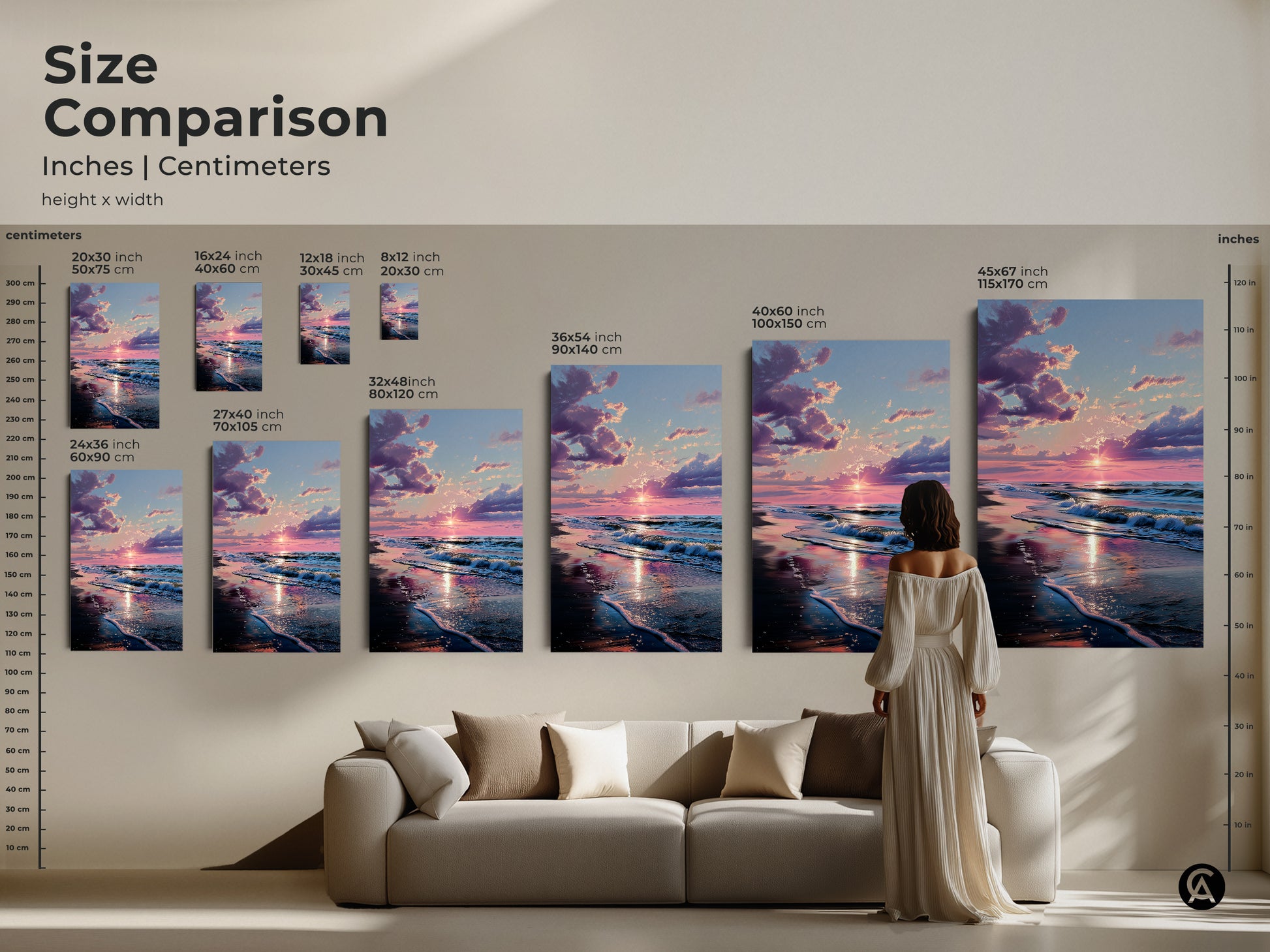 Size comparison of sunset beach art in inches and centimeters. See how the artwork looks in different sizes next to furniture. Choose from 16x24 to 45x67 inch options. Find the perfect fit for your home decor.