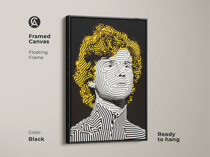 Framed canvas art in a floating black frame. It displays a striped portrait of a person with yellow hair. The artwork is ready to hang. This modern canvas art piece adds a sleek contemporary touch.