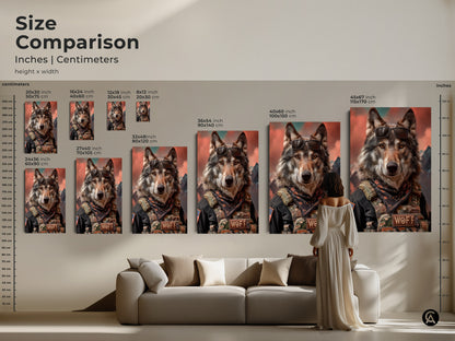 Size Comparison of Military Wolf Art Prints. Inches and centimeters size chart featuring canvas and poster prints. See how the wolf portrait wall artwork fits in various spaces. Sizes range from 8x12 to 45x67 inches. Visualize the impact of this cool sunglasses wolf art. Perfect for man cave decor and wildlife animal prints